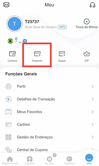 Passo 1: Clique na seção de depósito.