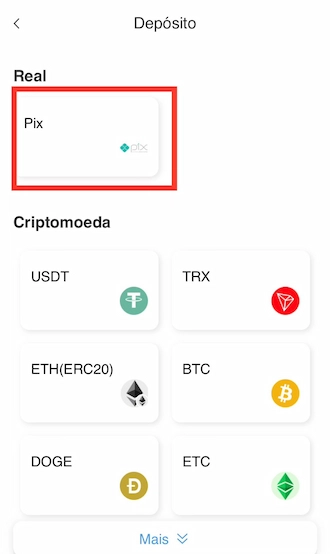 Passo 2: escolha Pix como método de depósito.