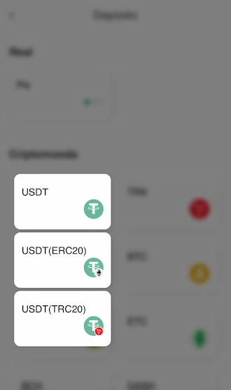 Passo 2:  Duas formas de depósitos em USDT estão disponíveis: USDT (ERC20) e USDT (TRC20).