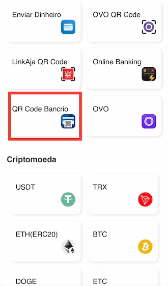 Passo 1: Escolha o método de depósito QR Code Bancrio