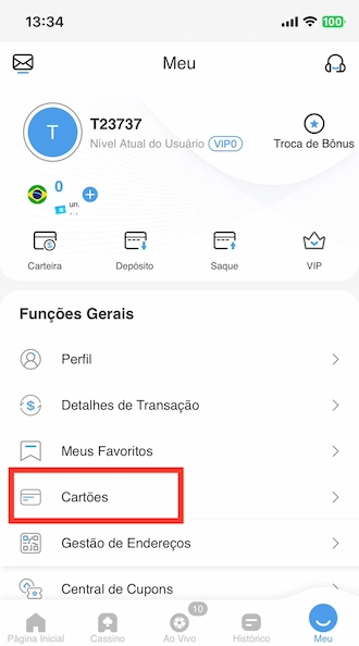 Passo 1: Acesse sua conta e navegue até a seção “Cartões”.